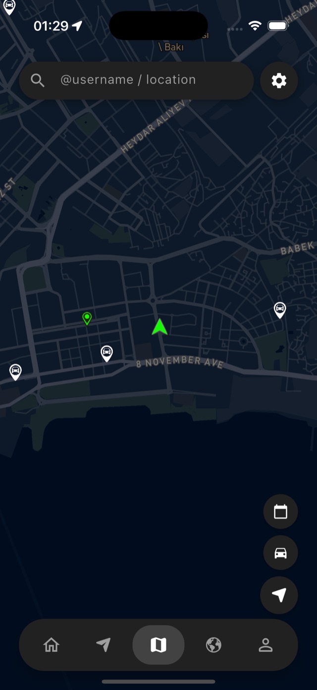 2spot tətbiqindəki Canlı xəritə ekranı